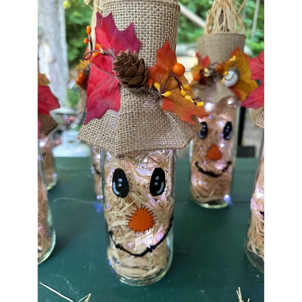 Light Up Scarecrow Bottle w/ Burlap Hat and Raffia “Straw” - New - Handmade